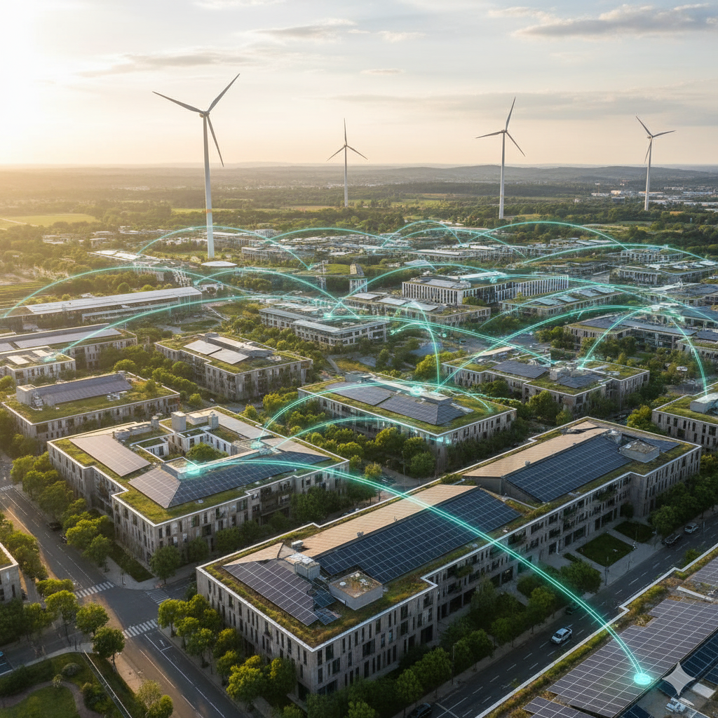 Smart city infrastructure with renewable energy and digital connectivity supporting sustainable development
